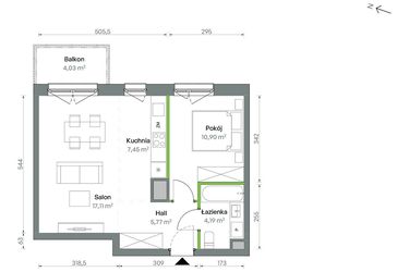 Rzut - Mieszkanie na sprzedaż 2 pokoje o powierzchni 45,42 m² - numer 1/A/2/49 w Oliwska Vita