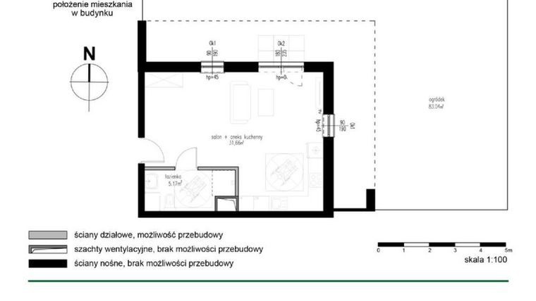 Rzut - Mieszkanie na sprzedaż 1 pokój o powierzchni 36,83 m² - numer M1 w Wędrowna II