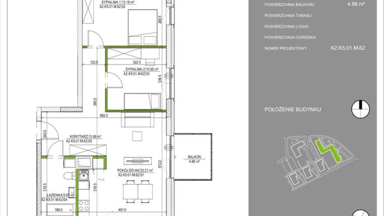 Rzut - Mieszkanie na sprzedaż 3 pokoje o powierzchni 68,03 m² - numer A2.62 w Osiedle Naturalnie