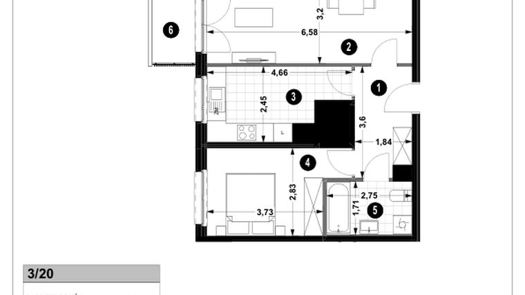 Rzut - Mieszkanie na sprzedaż 2 pokoje o powierzchni 52,94 m² - numer 3A.3/20 w Nowa Winnica