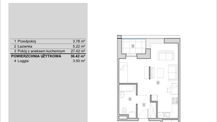 Rzut - Mieszkanie na sprzedaż 1 pokój o powierzchni 36,42 m² - numer H1-A-3-3 w Heyki City
