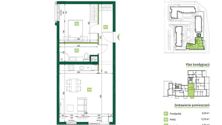 Rzut - Mieszkanie na sprzedaż 2 pokoje o powierzchni 53,68 m² - numer 9B.5 w Zielona Przystań etap III