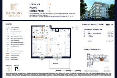 Rzut - Mieszkanie na sprzedaż 2 pokoje o powierzchni 43,59 m² - numer M25 w Kacpury Residence
