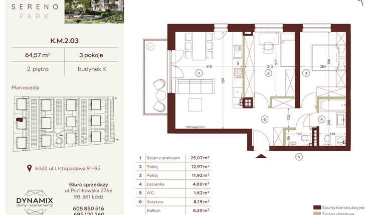 Rzut - Mieszkanie na sprzedaż 3 pokoje o powierzchni 64,57 m² - numer K.M.2.03 w Sereno Park