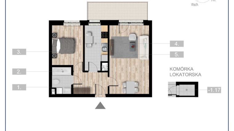 Rzut - Mieszkanie na sprzedaż 2 pokoje o powierzchni 51,45 m² - numer 69 w Szczytno Dąbrowskiego - etap 2