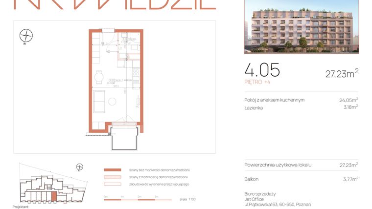 Rzut - Mieszkanie na sprzedaż 1 pokój o powierzchni 27,23 m² - numer 4.05 w Na Wildzie