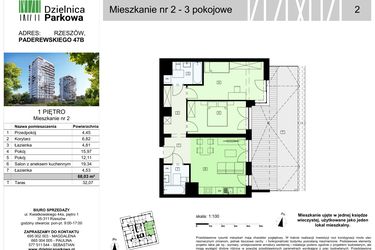 Rzut - Mieszkanie na sprzedaż 3 pokoje o powierzchni 67,86 m² - numer 2/B7 w Dzielnica Parkowa VII