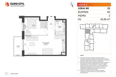 Rzut - Mieszkanie na sprzedaż 2 pokoje o powierzchni 45,95 m² - numer 21 w Locus 2 bud. B2