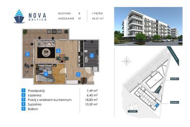 Rzut - Mieszkanie na sprzedaż 2 pokoje o powierzchni 43,31 m² - numer B19 w Nova Baltica Mieszkania Kołobrzeg