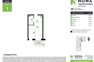 Rzut - Mieszkanie na sprzedaż 2 pokoje o powierzchni 31,52 m² - numer M1 w Nowa Częstochowa Mościckiego