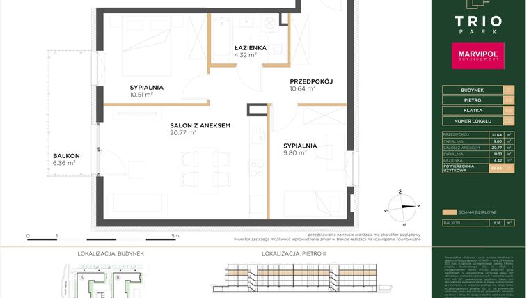 Rzut - Mieszkanie na sprzedaż 3 pokoje o powierzchni 56,04 m² - numer C033 w Trio Park bud. C