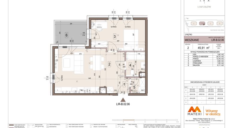 Rzut - Mieszkanie na sprzedaż 2 pokoje o powierzchni 45,91 m² - numer B.02.06 w Takt Lirników