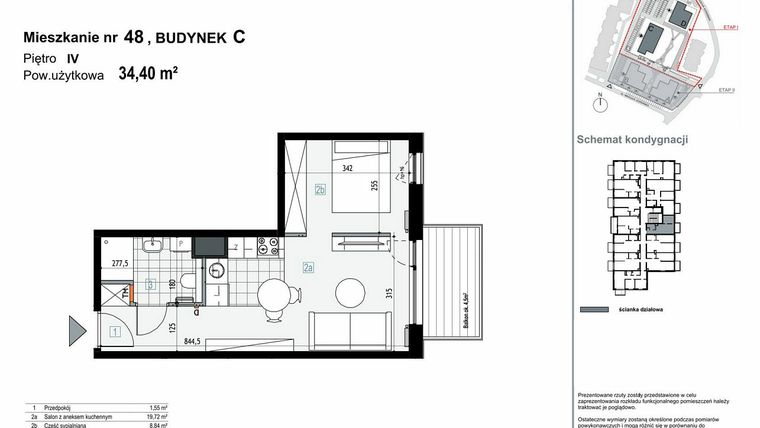 Rzut - Mieszkanie na sprzedaż 1 pokój o powierzchni 34,4 m² - numer C.M48 w Apartamenty Kopernika