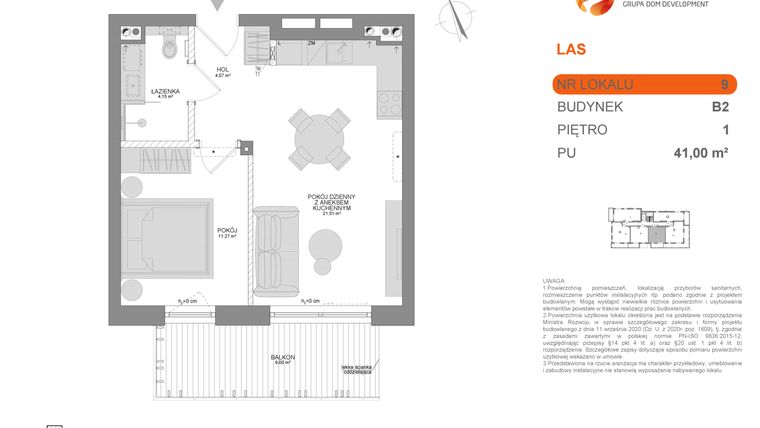 Rzut - Mieszkanie na sprzedaż 2 pokoje o powierzchni 41 m² - numer B2 9 w Las