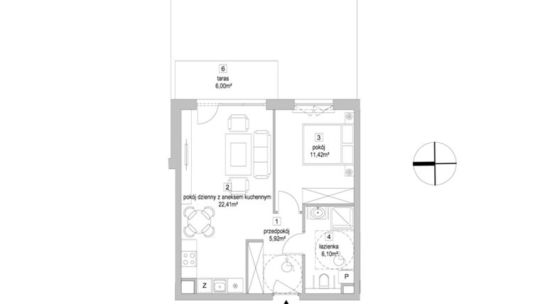 Rzut - Mieszkanie na sprzedaż 2 pokoje o powierzchni 45,85 m² - numer 9.1.4 w Osiedle Przyjemne IV