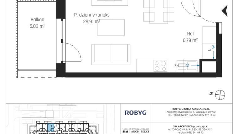 Rzut - Mieszkanie na sprzedaż 1 pokój o powierzchni 34,77 m² - numer J.3M14 w Nadmotławie Apartments etap J