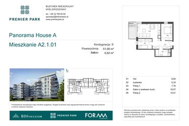 Rzut - Mieszkanie na sprzedaż 3 pokoje o powierzchni 51 m² - numer A2.1.01 w Premier Park II