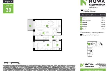 Rzut - Mieszkanie na sprzedaż 3 pokoje o powierzchni 56,1 m² - numer M30 w Nowa Częstochowa Mościckiego