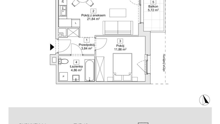 Rzut - Mieszkanie na sprzedaż 2 pokoje o powierzchni 42,4 m² - numer A4.1.1 w Zacisze Marcelin IIIa