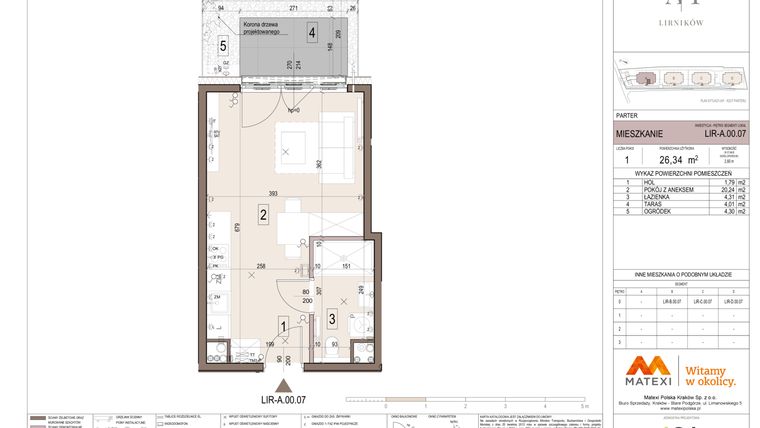 Rzut - Mieszkanie na sprzedaż 1 pokój o powierzchni 26,34 m² - numer A.00.07 w Takt Lirników