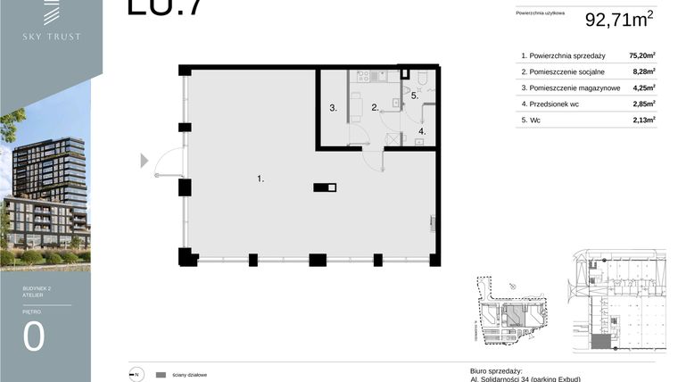 Rzut - Lokal użytkowy na sprzedaż 1 pokój o powierzchni 92,71 m² - numer LU7 w Sky Trust etap II