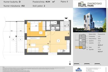 Rzut - Mieszkanie na sprzedaż 2 pokoje o powierzchni 46,94 m² - numer 12 w Dworzysko Park - Etap III