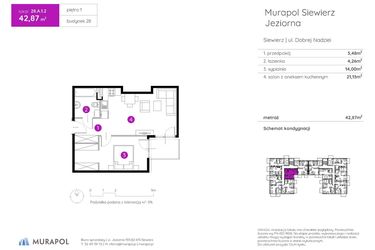 Rzut - Mieszkanie na sprzedaż 2 pokoje o powierzchni 42,87 m² - numer 28.A.1.2 w Murapol Siewierz Jeziorna bud. 27 i 28
