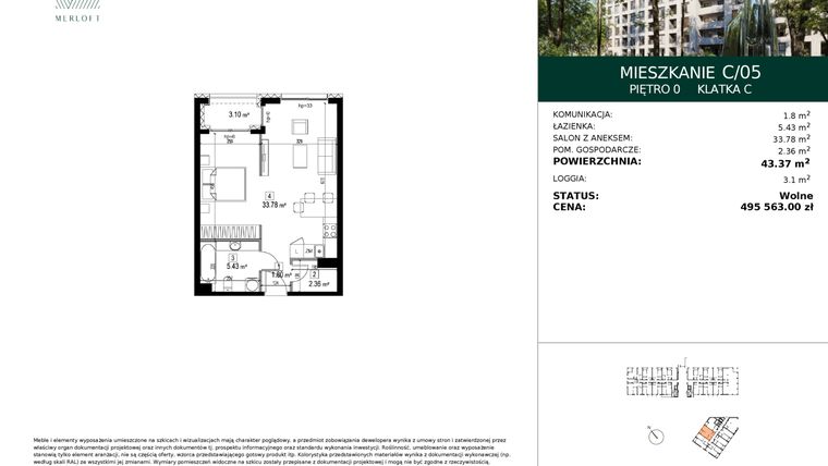 Rzut - Mieszkanie na sprzedaż 1 pokój o powierzchni 43,37 m² - numer C/05 w Merloft