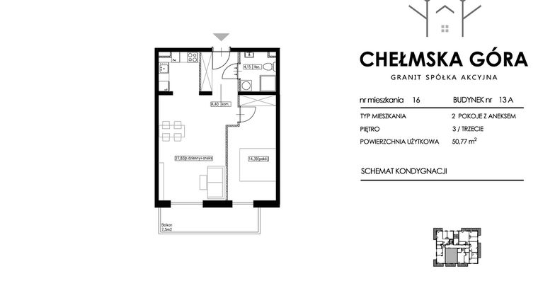 Rzut - Mieszkanie na sprzedaż 2 pokoje o powierzchni 50,77 m² - numer 13A-M16 w Chełmska Góra etap II