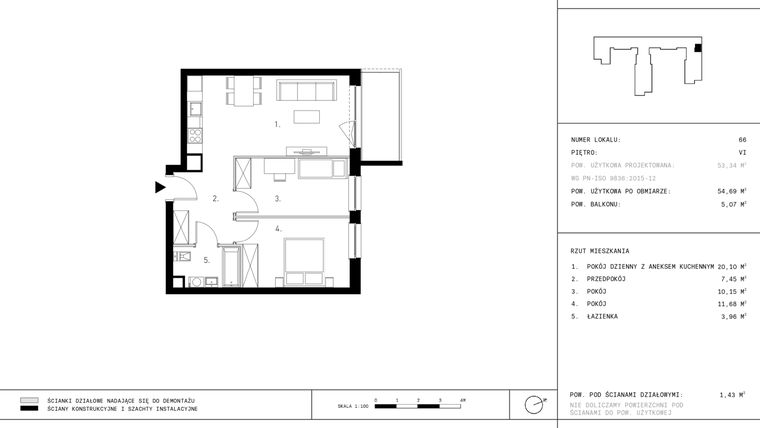 Rzut - Mieszkanie na sprzedaż 3 pokoje o powierzchni 54,69 m² - numer 6.A9 w Staszica 3