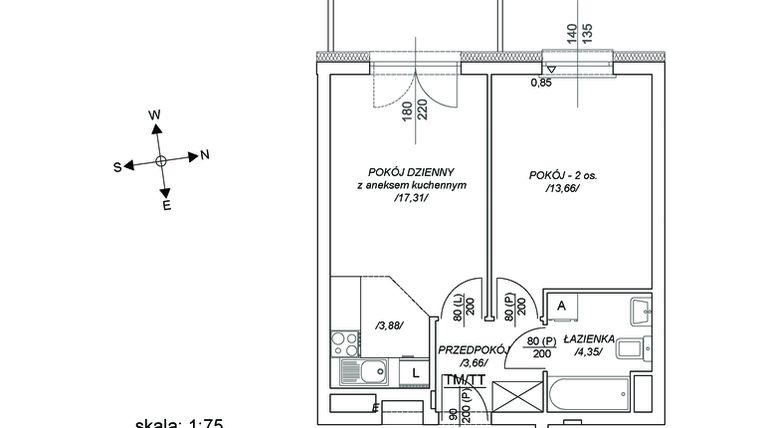 Rzut - Mieszkanie na sprzedaż 2 pokoje o powierzchni 38,98 m² - numer M48 w Osiedle Mała Dziesiąta etap II