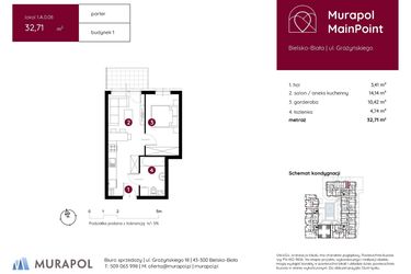 Rzut - Mieszkanie na sprzedaż 1 pokój o powierzchni 32,71 m² - numer 1.A.0.08 w Murapol MainPoint