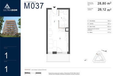 Rzut - Mieszkanie na sprzedaż 1 pokój o powierzchni 28,8 m² - numer M037 w Ultradom