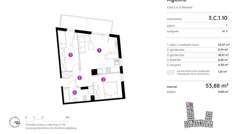 Rzut - Mieszkanie na sprzedaż 1 pokój o powierzchni 53,88 m² - numer 3.C.1.10 w Murapol Agosto
