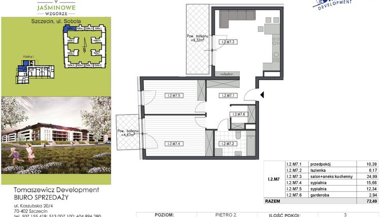 Rzut - Mieszkanie na sprzedaż 3 pokoje o powierzchni 72,49 m² - numer I2M7 w Jaśminowe Wzgórze - etap II
