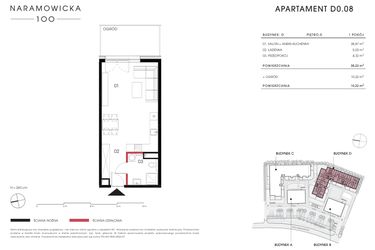 Rzut - Mieszkanie na sprzedaż 1 pokój o powierzchni 38,22 m² - numer D 0.08 w Naramowicka 100