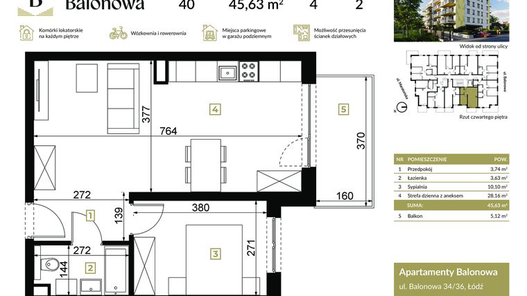 Rzut - Mieszkanie na sprzedaż 2 pokoje o powierzchni 45,63 m² - numer 40 w Apartamenty Balonowa