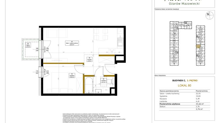Rzut - Mieszkanie na sprzedaż 2 pokoje o powierzchni 43,66 m² - numer 80 w Aura Nova etap II