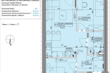 Rzut - Mieszkanie na sprzedaż 3 pokoje o powierzchni 55,24 m² - numer 59A w Osiedle Młodych etap IX