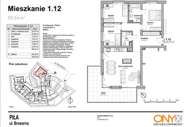 Rzut - Mieszkanie na sprzedaż 4 pokoje o powierzchni 89,16 m² - numer M1.12 w Bulwary Apartamenty