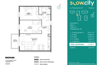 Rzut - Mieszkanie na sprzedaż 3 pokoje o powierzchni 67,88 m² - numer C1-26 w Slow City