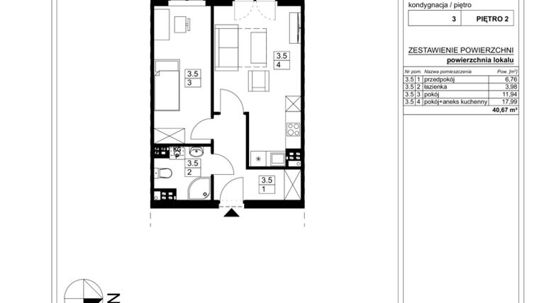 Rzut - Mieszkanie na sprzedaż 2 pokoje o powierzchni 40,67 m² - numer B3.5 w Sosnowy Park etap II
