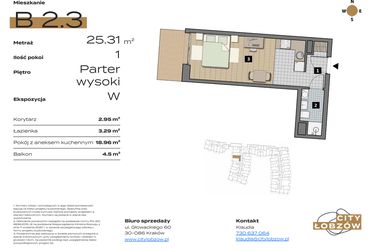 Rzut - Mieszkanie na sprzedaż 1 pokój o powierzchni 25,31 m² - numer B 2.3 w City Łobzów