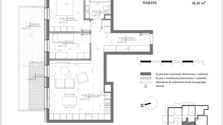 Rzut - Mieszkanie na sprzedaż 3 pokoje o powierzchni 72,09 m² - numer B.0.8 w Polanka 21