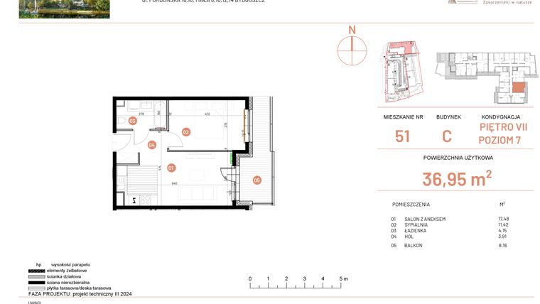 Rzut - Mieszkanie na sprzedaż 2 pokoje o powierzchni 36,95 m² - numer 18.51 w Osiedle Nowe Horyzonty etap II