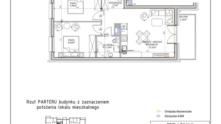 Rzut - Mieszkanie na sprzedaż 3 pokoje o powierzchni 60,27 m² - numer 41 w Osiedle Sady bud. E4