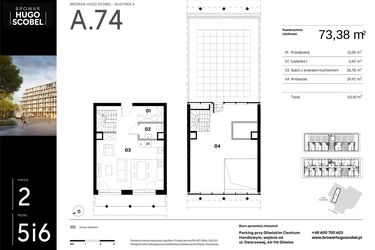 Rzut - Mieszkanie na sprzedaż 2 pokoje o powierzchni 73,38 m² - numer A.74 w Browar HUGO SCOBEL