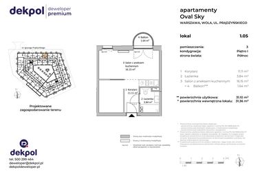 Rzut - Mieszkanie na sprzedaż 1 pokój o powierzchni 31,1 m² - numer 1.05 w OVAL SKY