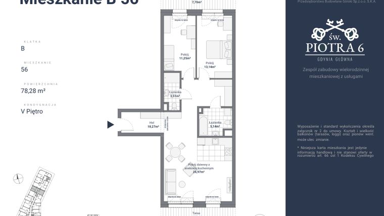 Rzut - Mieszkanie na sprzedaż 3 pokoje o powierzchni 78,28 m² - numer B56 w Św. Piotra