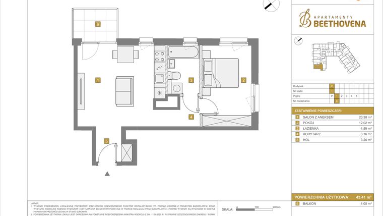 Rzut - Mieszkanie na sprzedaż 2 pokoje o powierzchni 43,41 m² - numer C8 w Apartamenty Beethovena etap 2